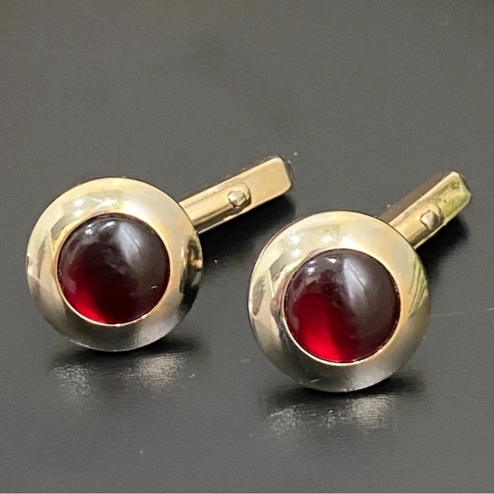 Vintage SWANK Ruby Red Stone Cabochon Gold-tone Cufflinks 8g